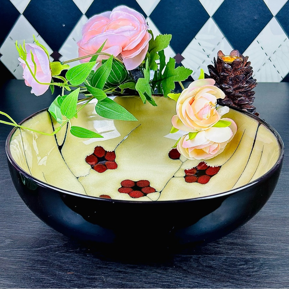 Large Vintage Ceramic Serving Bowl Floral Glaze Rustic Farmhouse Cabin Cottage